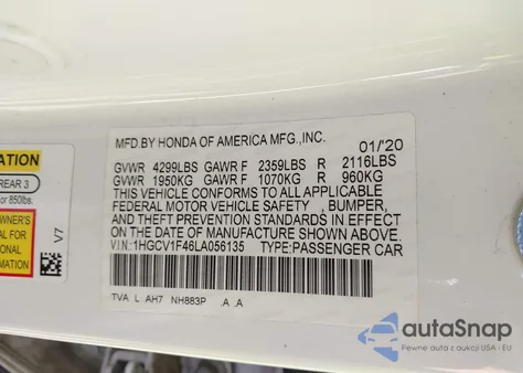 2020 Honda Accord Ex из США, поврежденный, VIN 1HGCV1F46LA056135